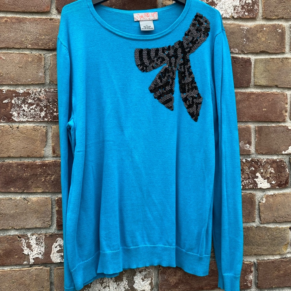 Nouveaux Teal Sweater with Sequin Bow. Size XL